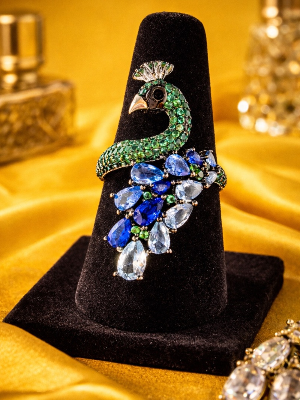 925 Sterling Silver Peacock Cocktail Ring Multi-Colored Rhinestone 7.8g Sz 7 DK